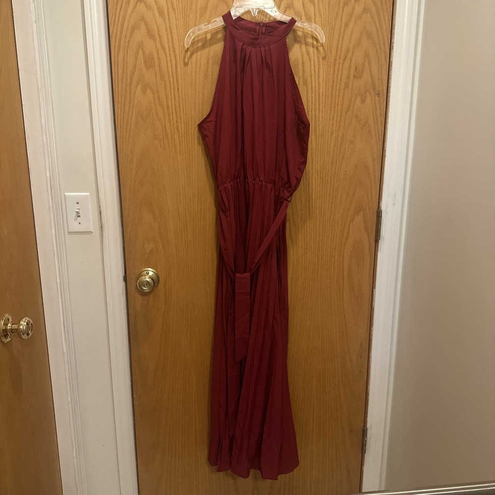 Unbranded Large Sleeveless Halter Neck Pleated Midi Cocktail Dress Red Wine